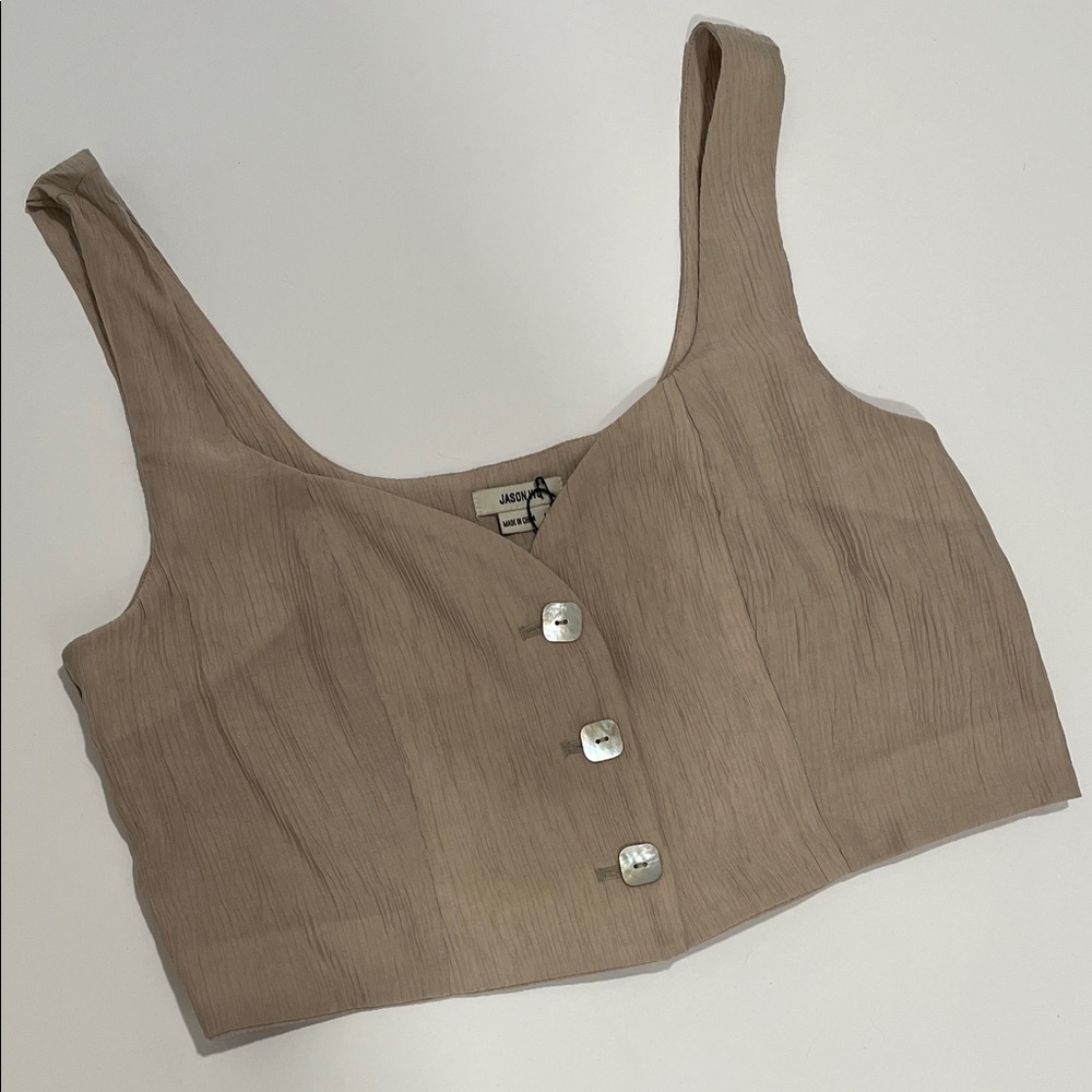 Jason Wu Crepe Cropped Vest Sz Large Tan Neutral Beige Lined Pearlized Buttons